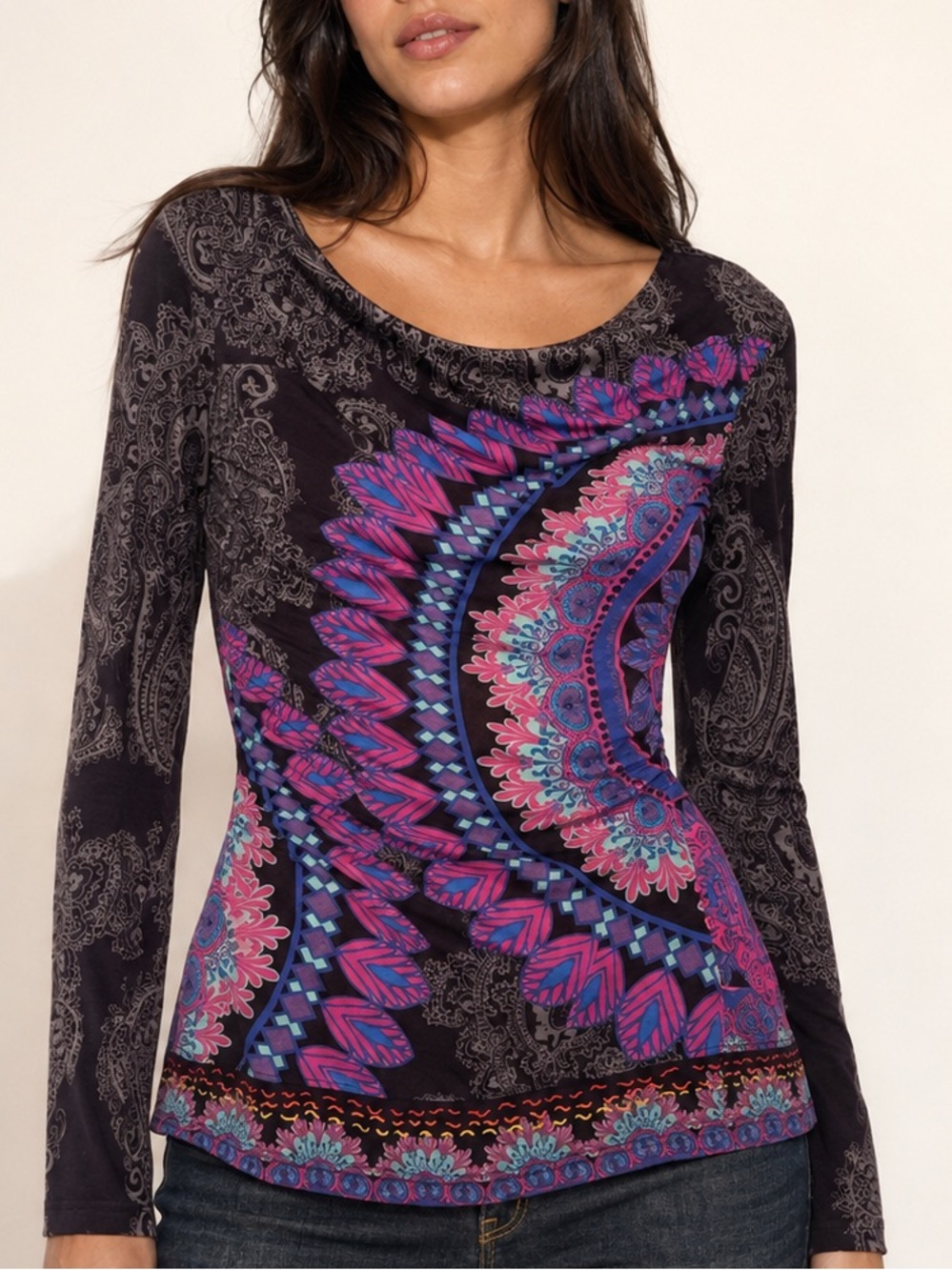 Desigual Y2K Paisley Mandala Draped Long Sleeve Top (Size S)